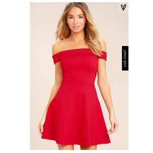 Season of Fun Red Off- The Shoulder Skater Dress
